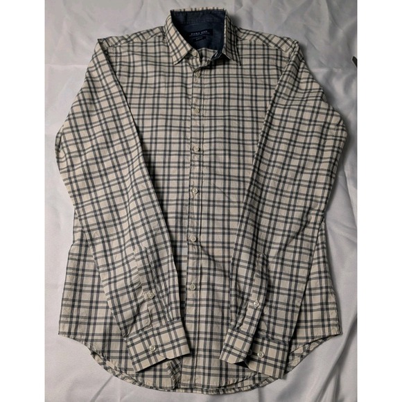 Zara Other - Zara Man Men's Medium Cream and Navy Plaid Button Up Long Sleeve Shirt